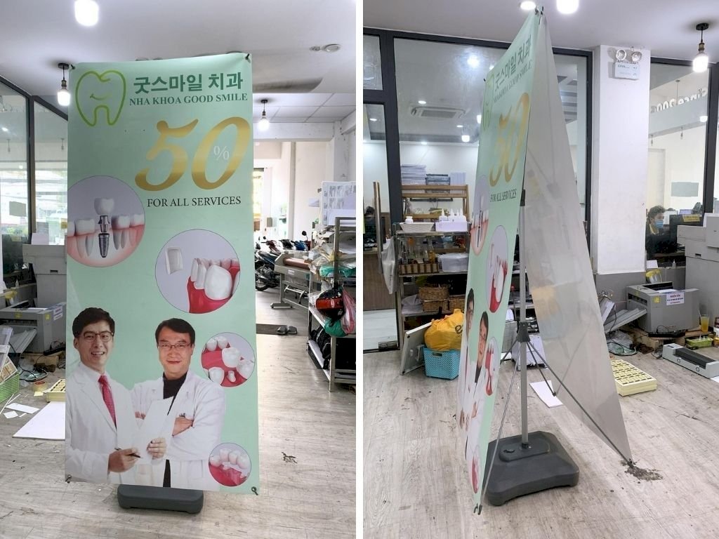 Standee cản gió, standee đế nước 2 mặt ngoài trời, in nhanh gái rẻ tại TPHCM